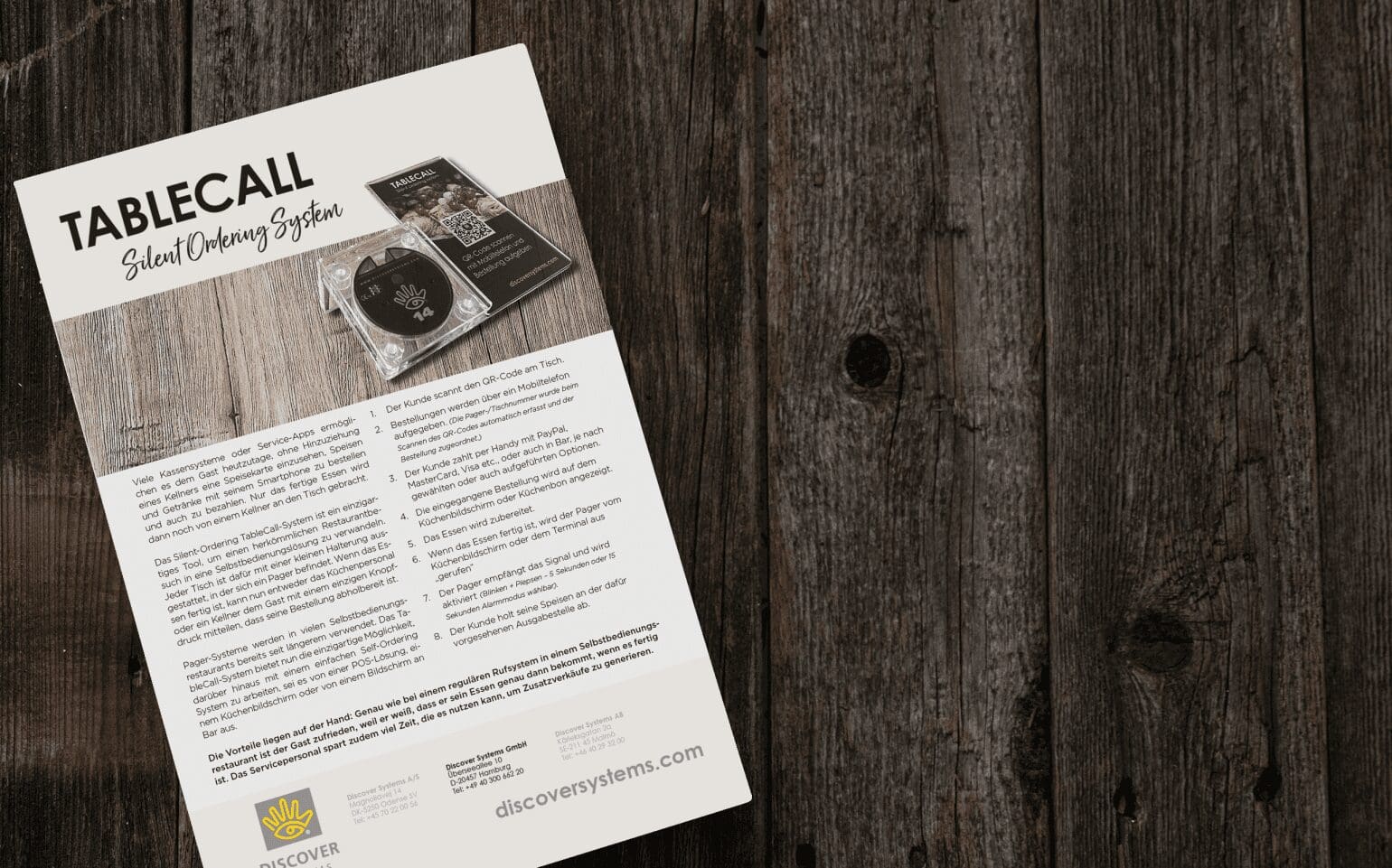 Beskrivning av TableCall kallsystem i stil med en broschyr eller veckotidning.