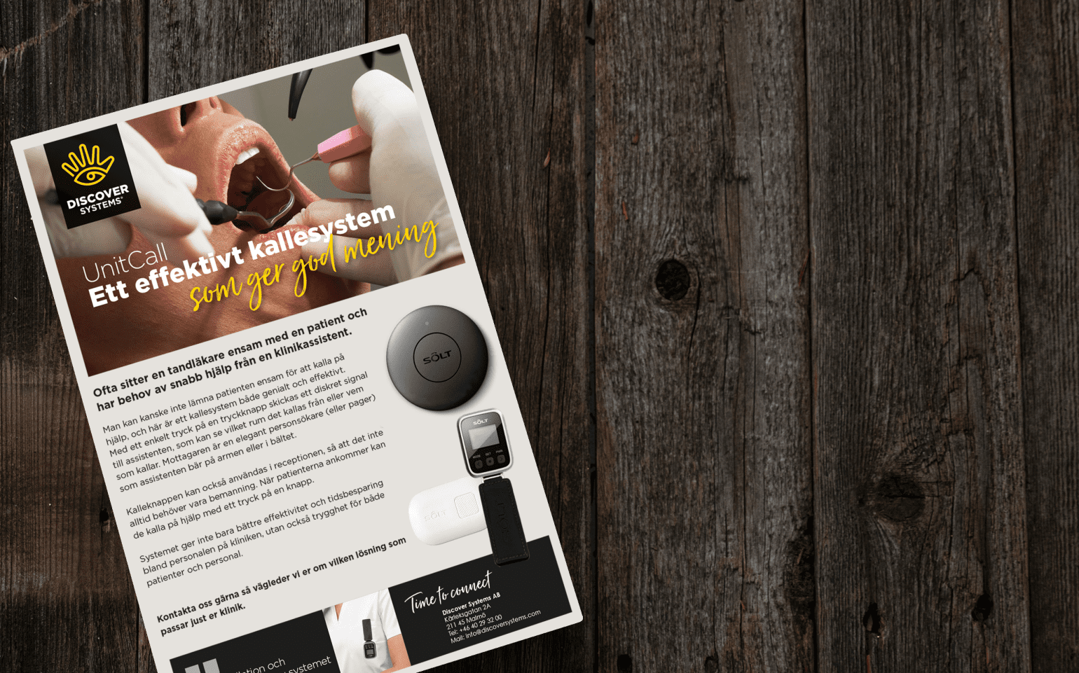 beskrivning av ett ringsystem för tandläkare på något som ser ut som en broschyr, veckotidning