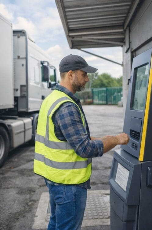 Incheckningskiosk för lastbilschaufförer med pagersystem i logistiklager